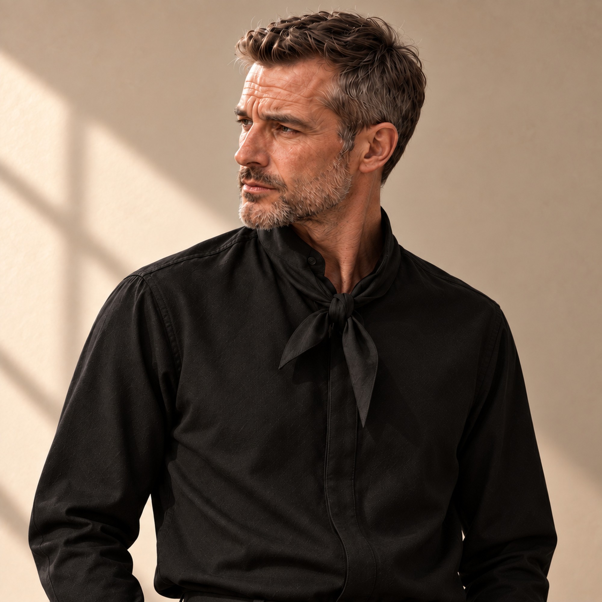 BLACK COLLARLESS STRAIT-CUT SHIRT