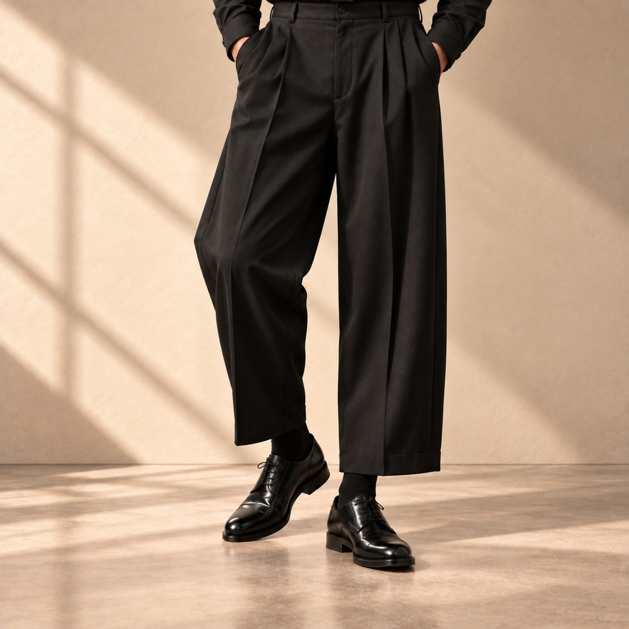 BLACK PLEATED SLIM-FIT TROUSERS