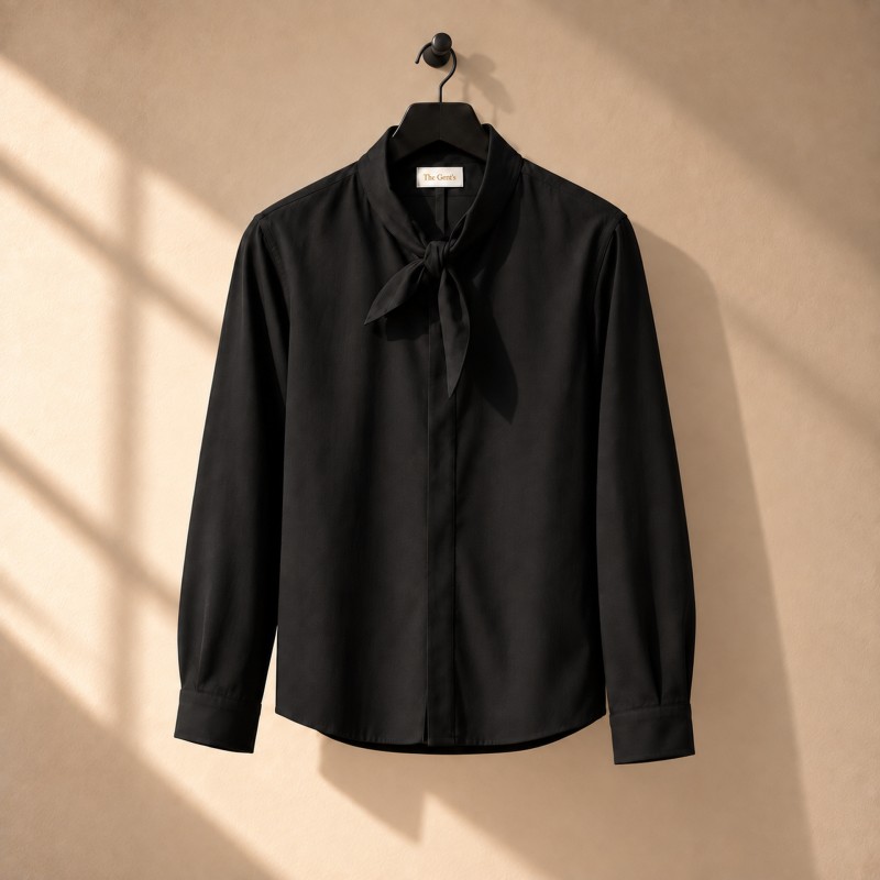 BLACK COLLARLESS STRAIT-CUT SHIRT