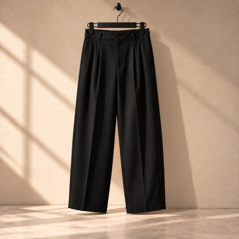BLACK PLEATED SLIM-FIT TROUSERS