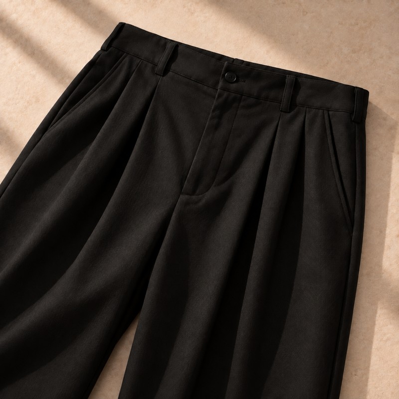 BLACK PLEATED SLIM-FIT TROUSERS