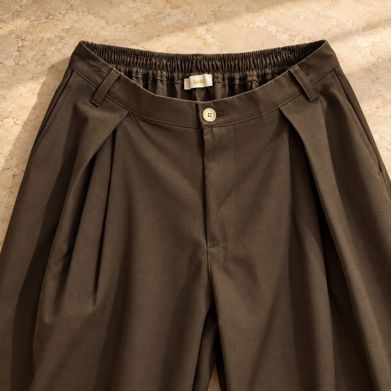 BROWN PLEATED WIDE-LEG TROUSERS