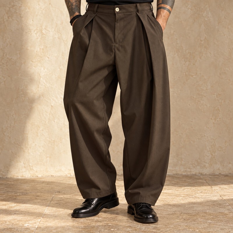 BROWN PLEATED WIDE-LEG TROUSERS